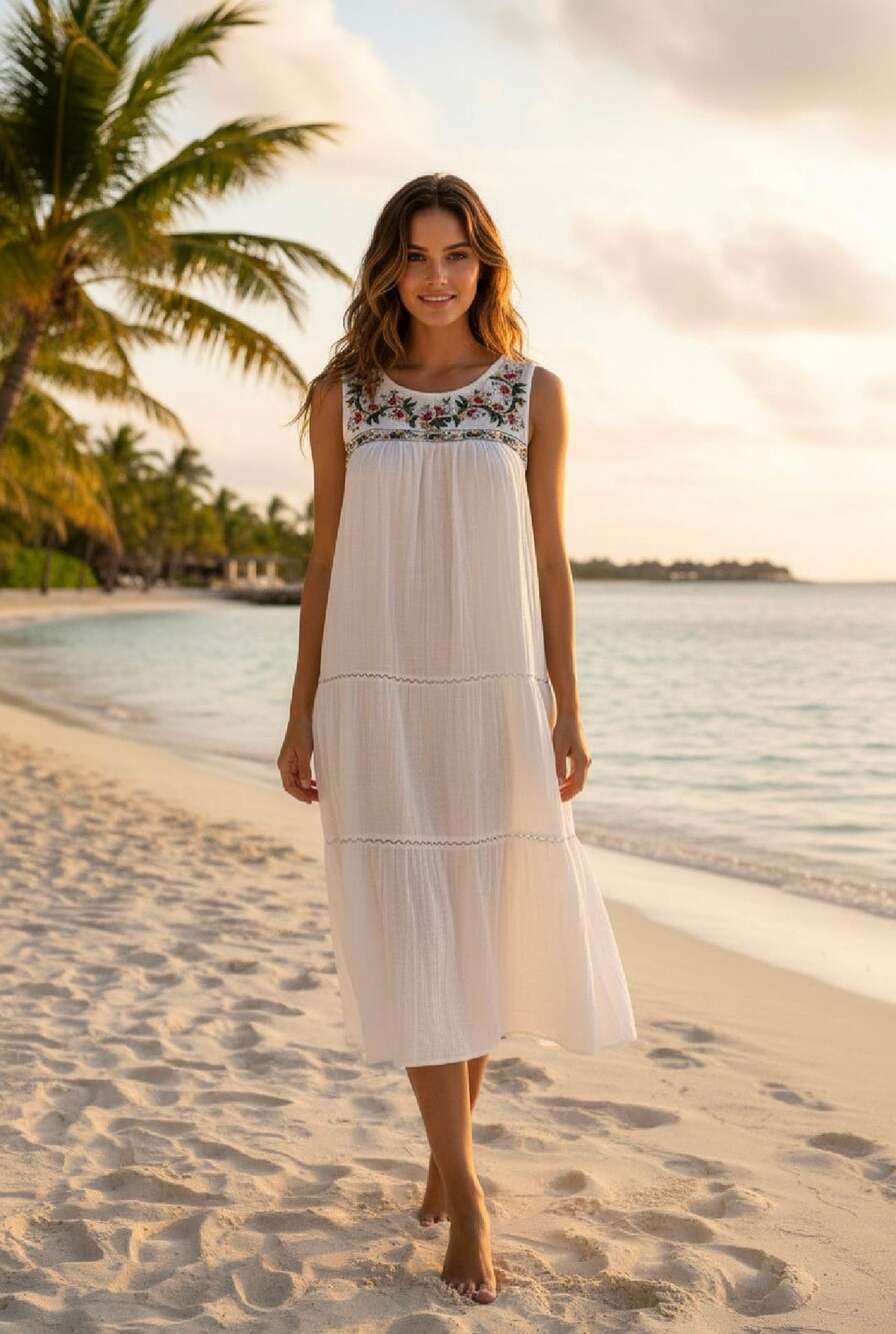 Max Studio Sleeveless Tiered Embroidered Midi Gauze Dress in White- Small